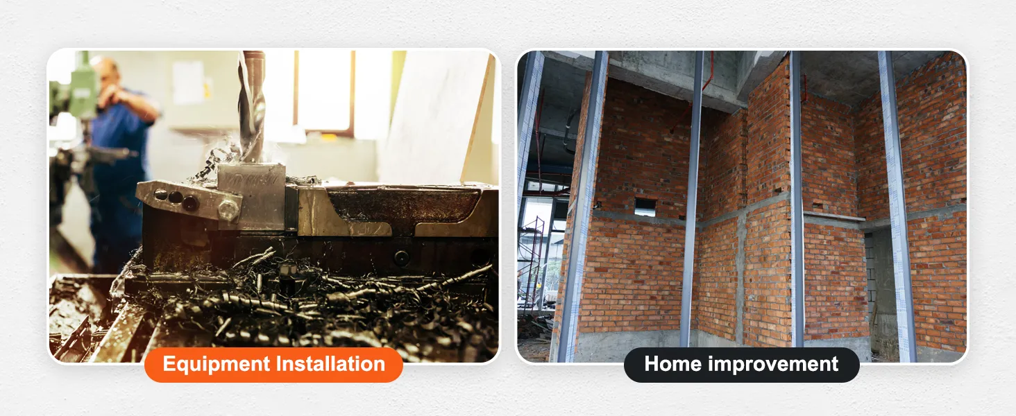 Instalación de equipo mediante taladro magnético VEVOR junto a una estructura de pared de ladrillo en construcción.