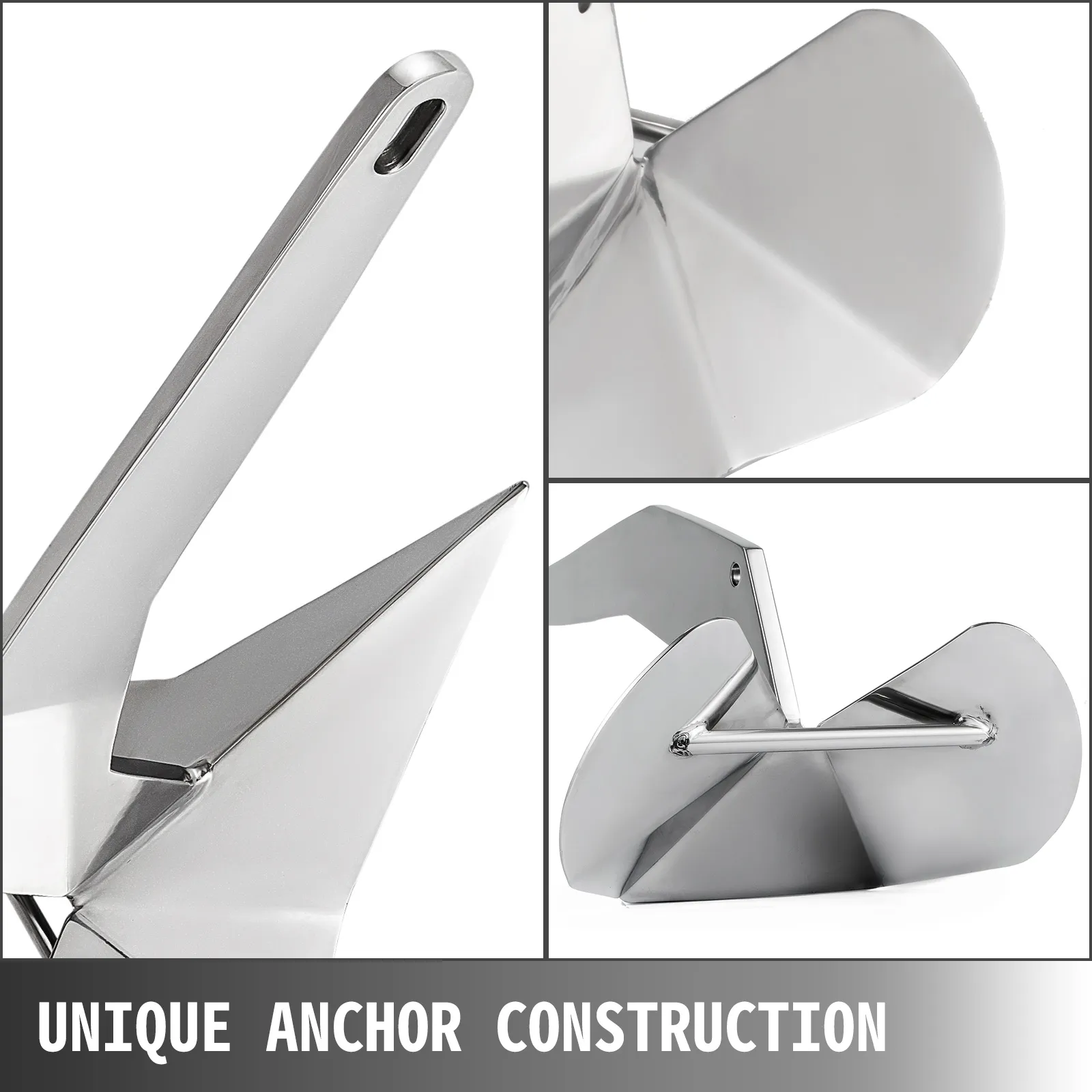 Ancla de barco VEVOR con elegante construcción de metal pulido y elementos de diseño únicos.
