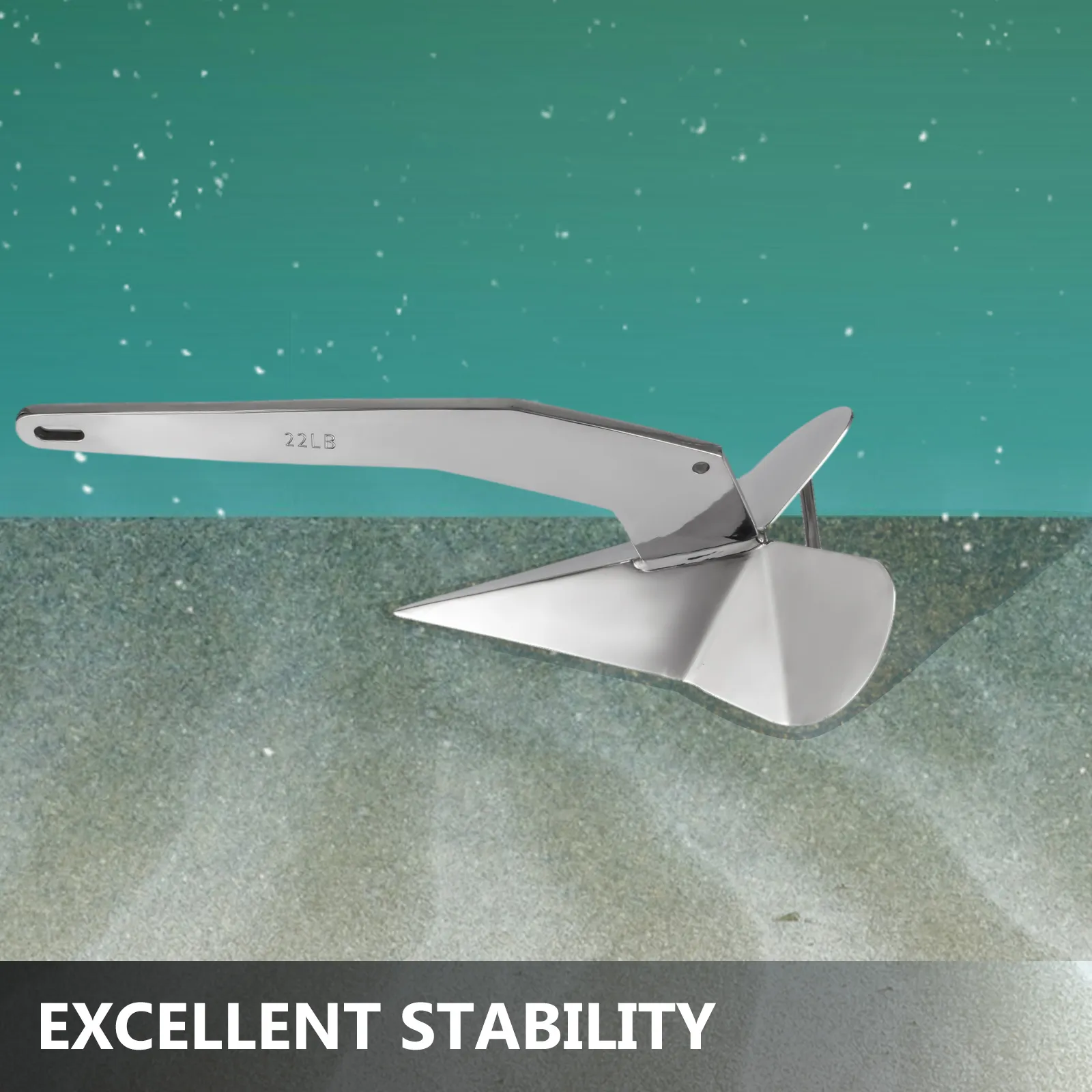 Ancla de barco estilo delta VEVOR en el fondo del mar con el texto "excelente estabilidad".