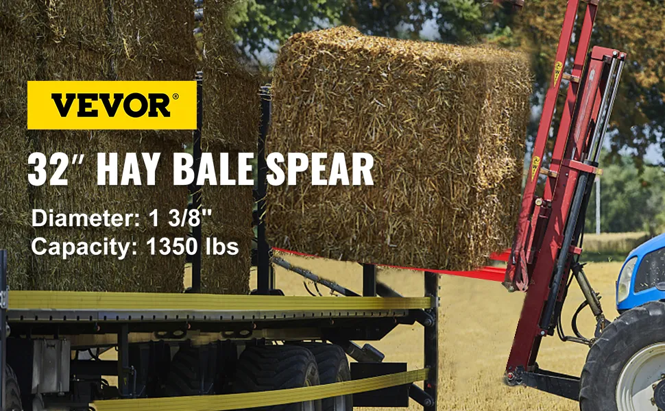 VEVOR hay spear lifting hay bale with a tractor in a field.