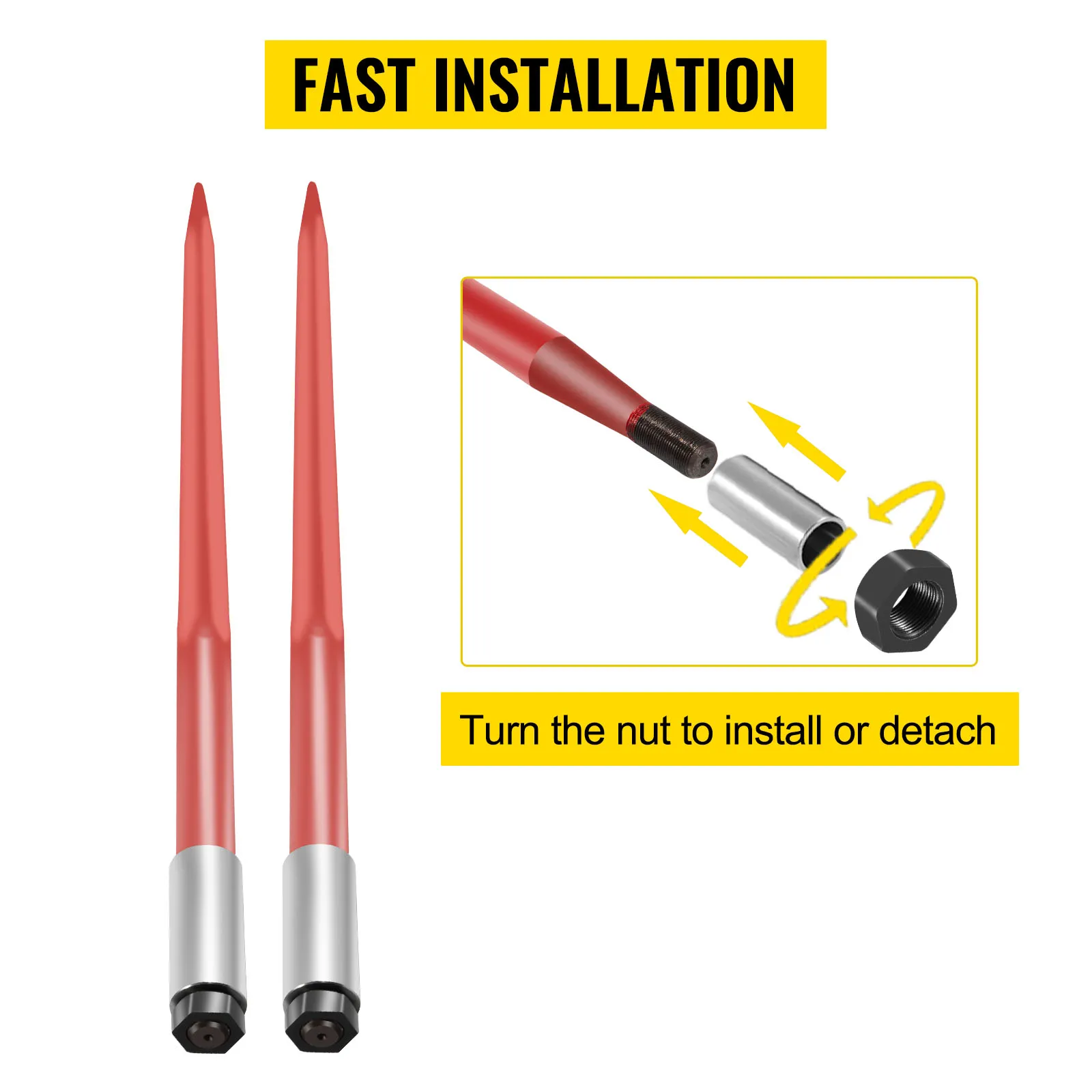 VEVOR hay spear with easy installation instructions for turning the nut.