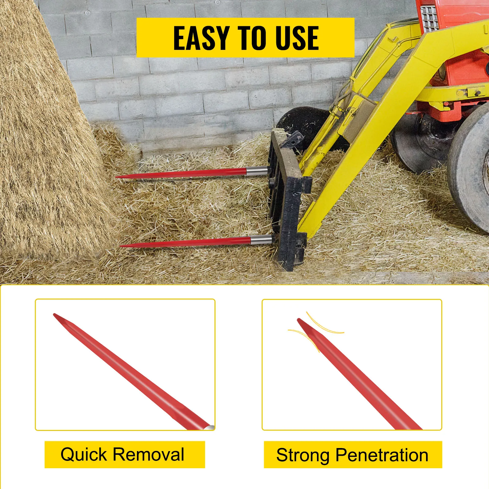 tractor with VEVOR hay spear lifting hay, showcasing quick removal and strong penetration.