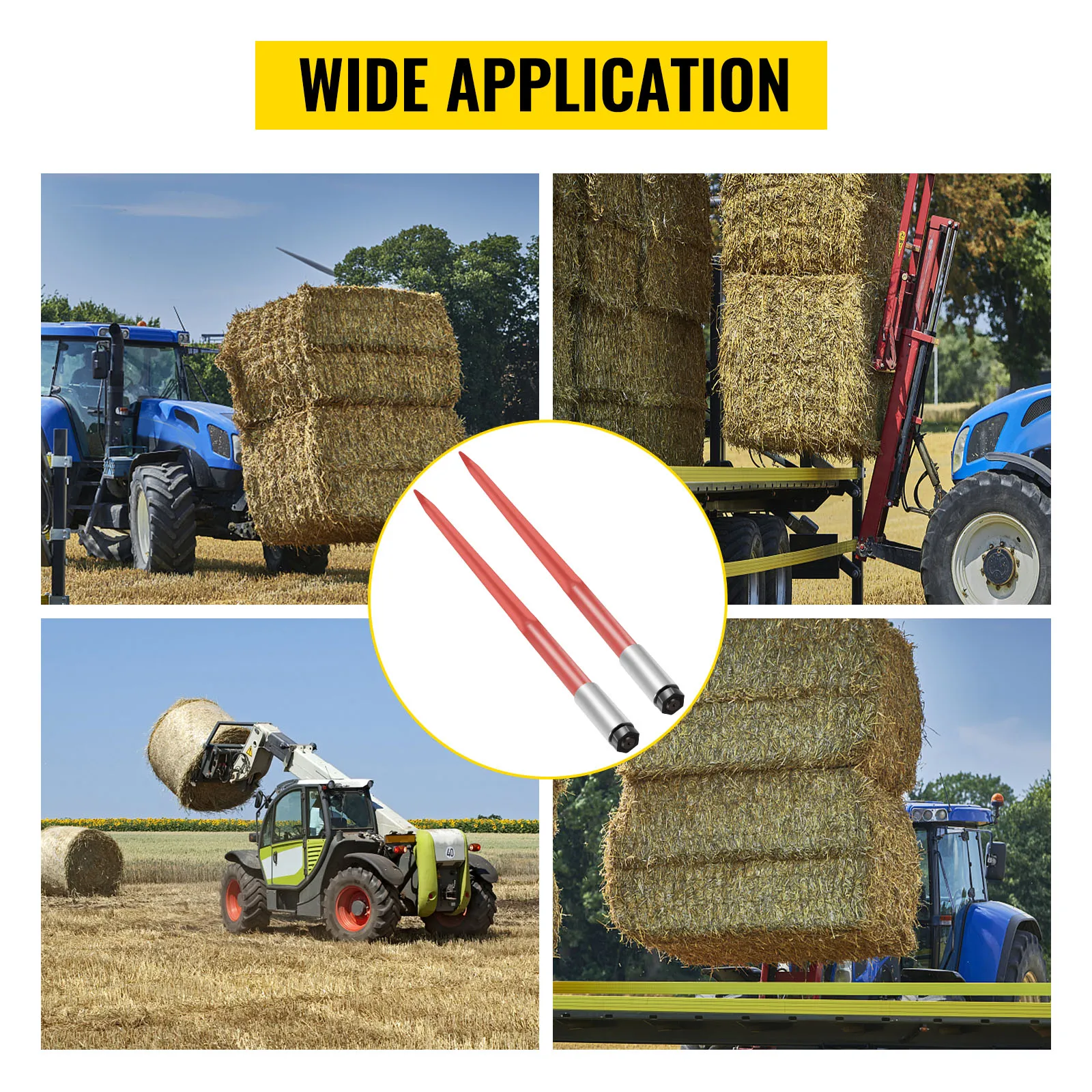 VEVOR hay spear lifting and transporting hay bales with tractors and loaders.