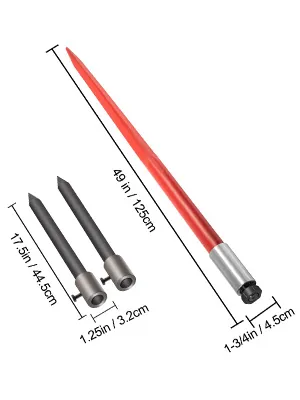 red VEVOR hay spear with two black stabilizers and specified measurements.