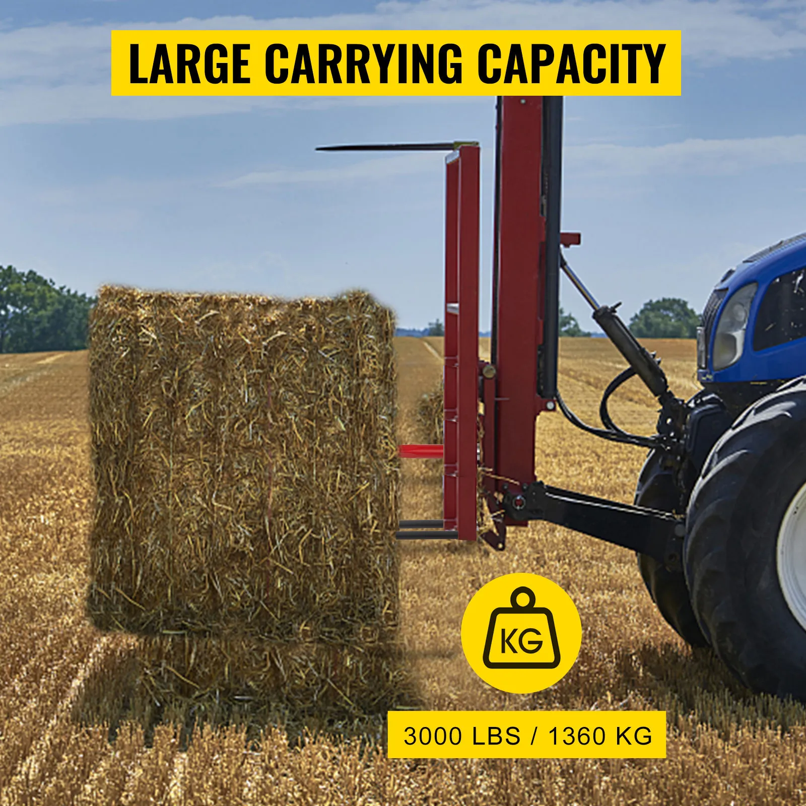 tractor with VEVOR hay spear lifting a hay bale in a field, 3000 lbs capacity.