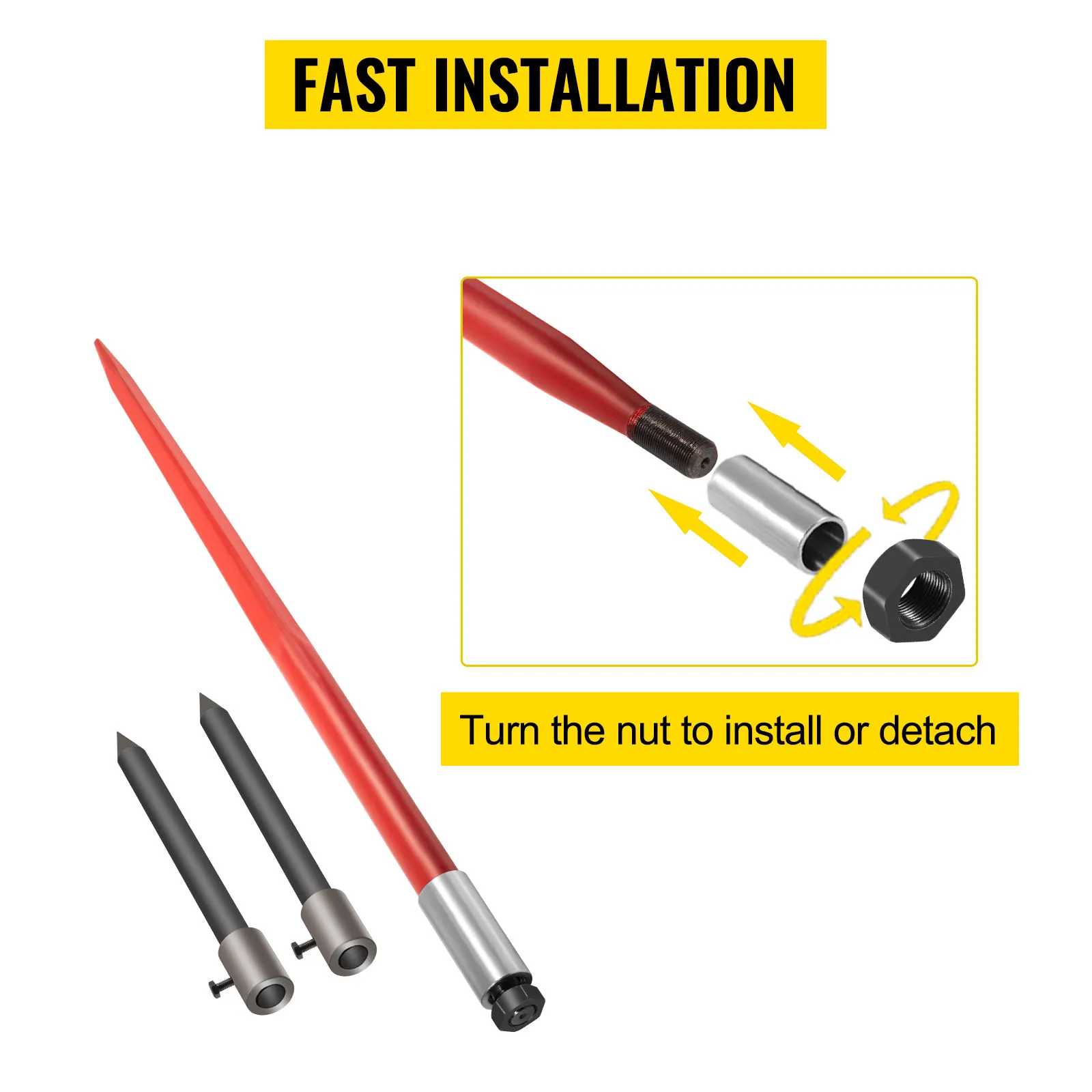 VEVOR hay spear installation with red spear and nut attachment illustration.
