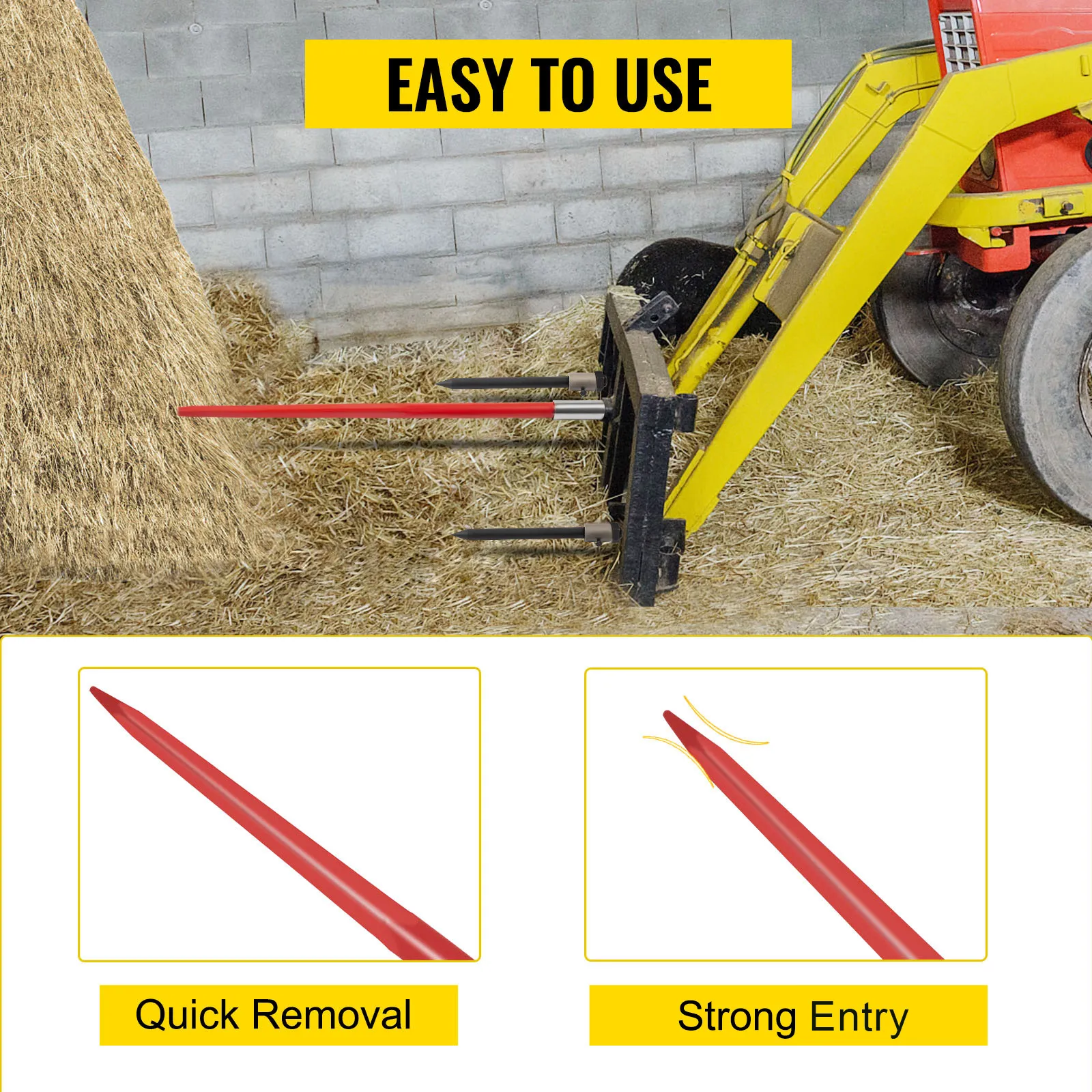 VEVOR hay spear on yellow loader lifting hay bale with "easy to use" sign above.