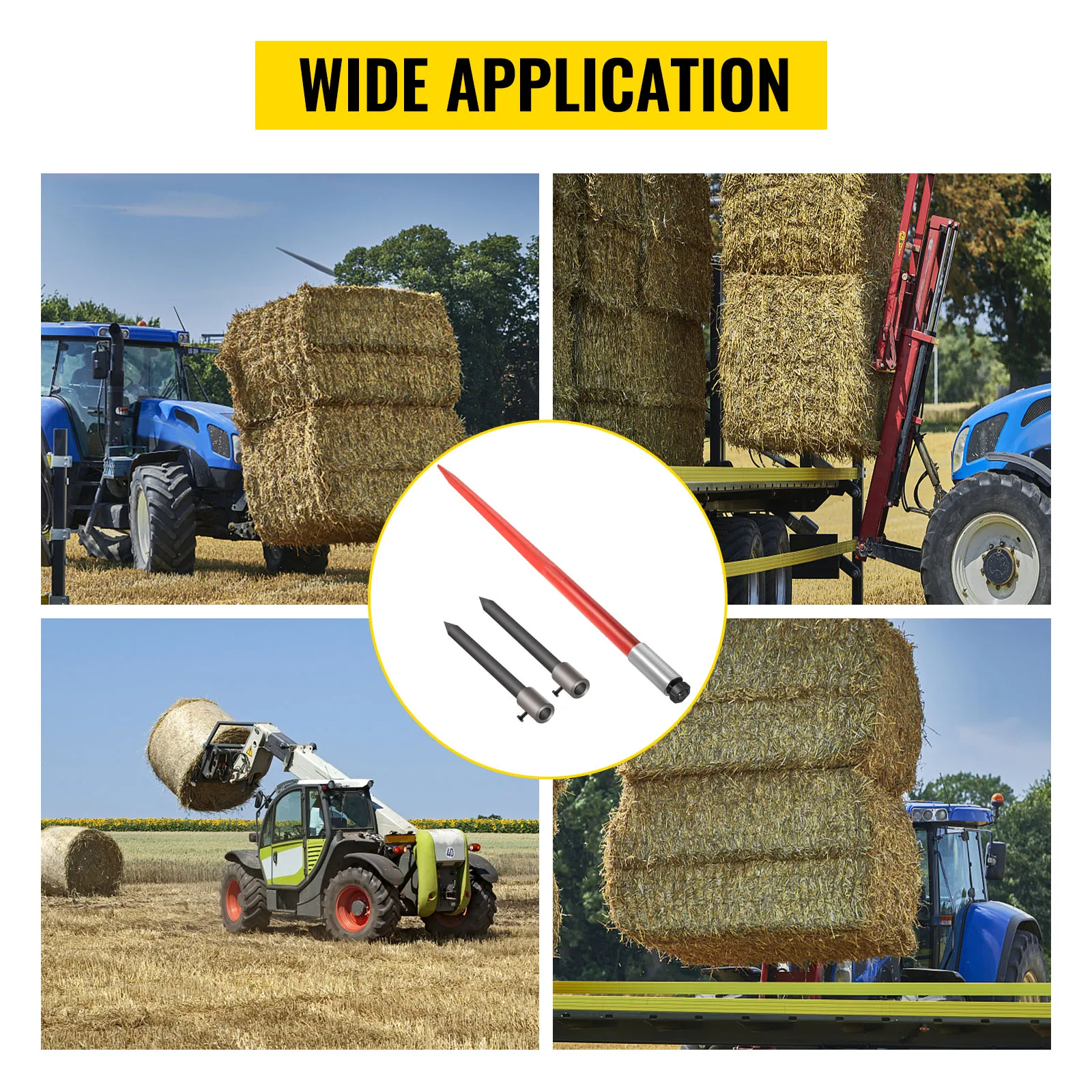 VEVOR hay spear lifting and stacking hay bales with tractors in a field, wide application.