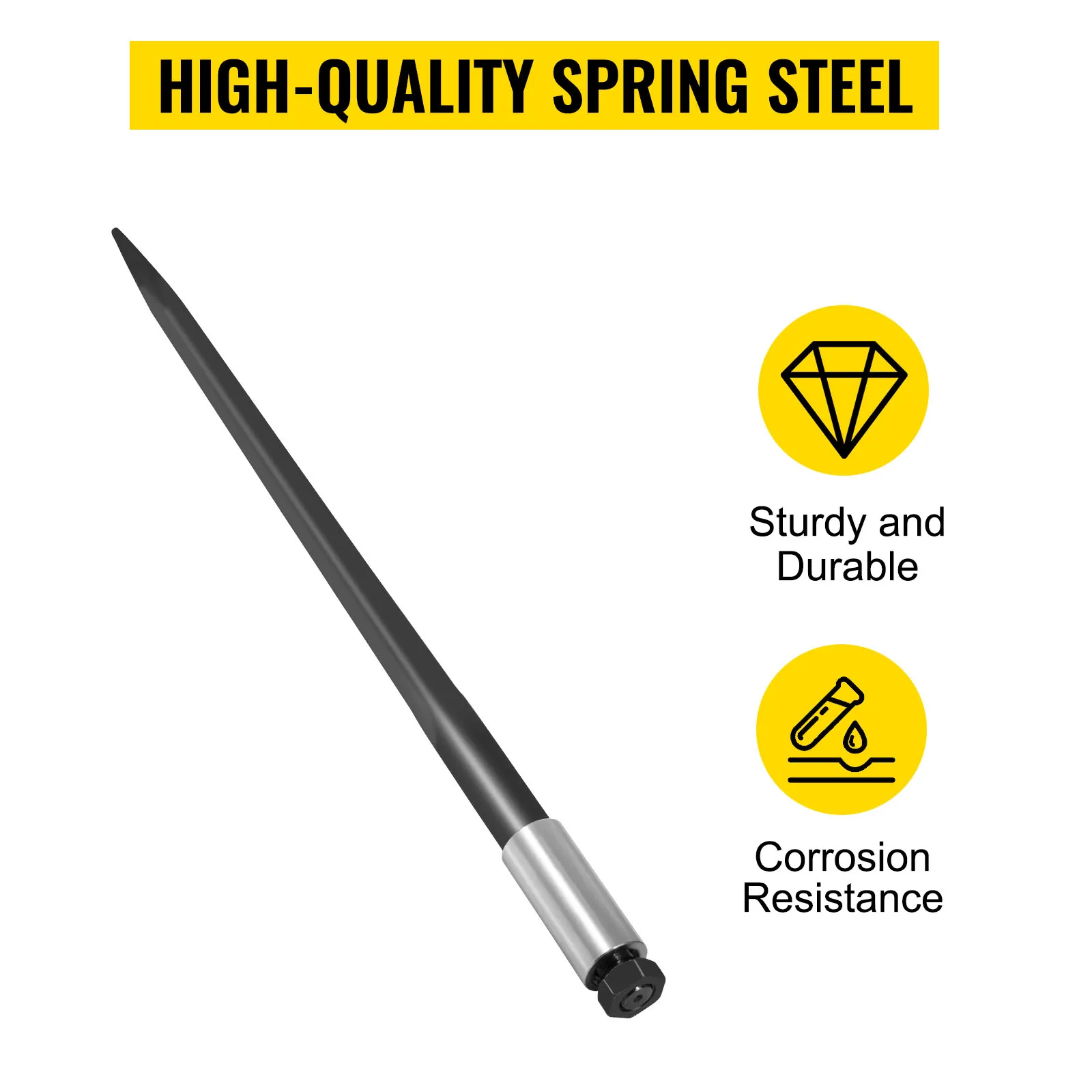 VEVOR hay spear made of high-quality spring steel, emphasizing sturdiness and corrosion resistance.