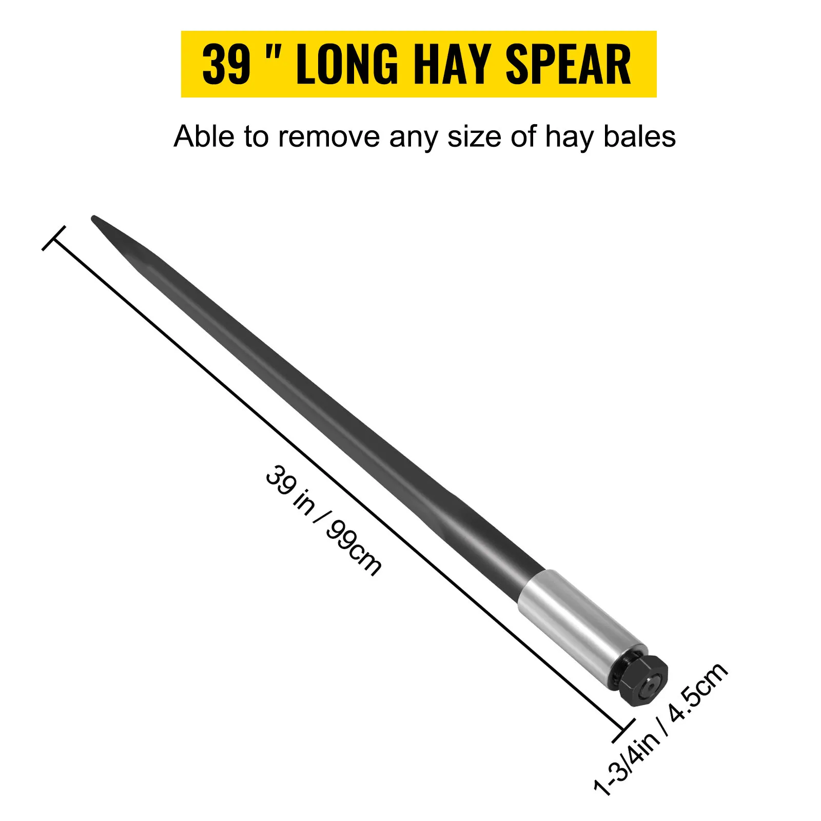 39-inch VEVOR hay spear, ideal for removing hay bales of any size.