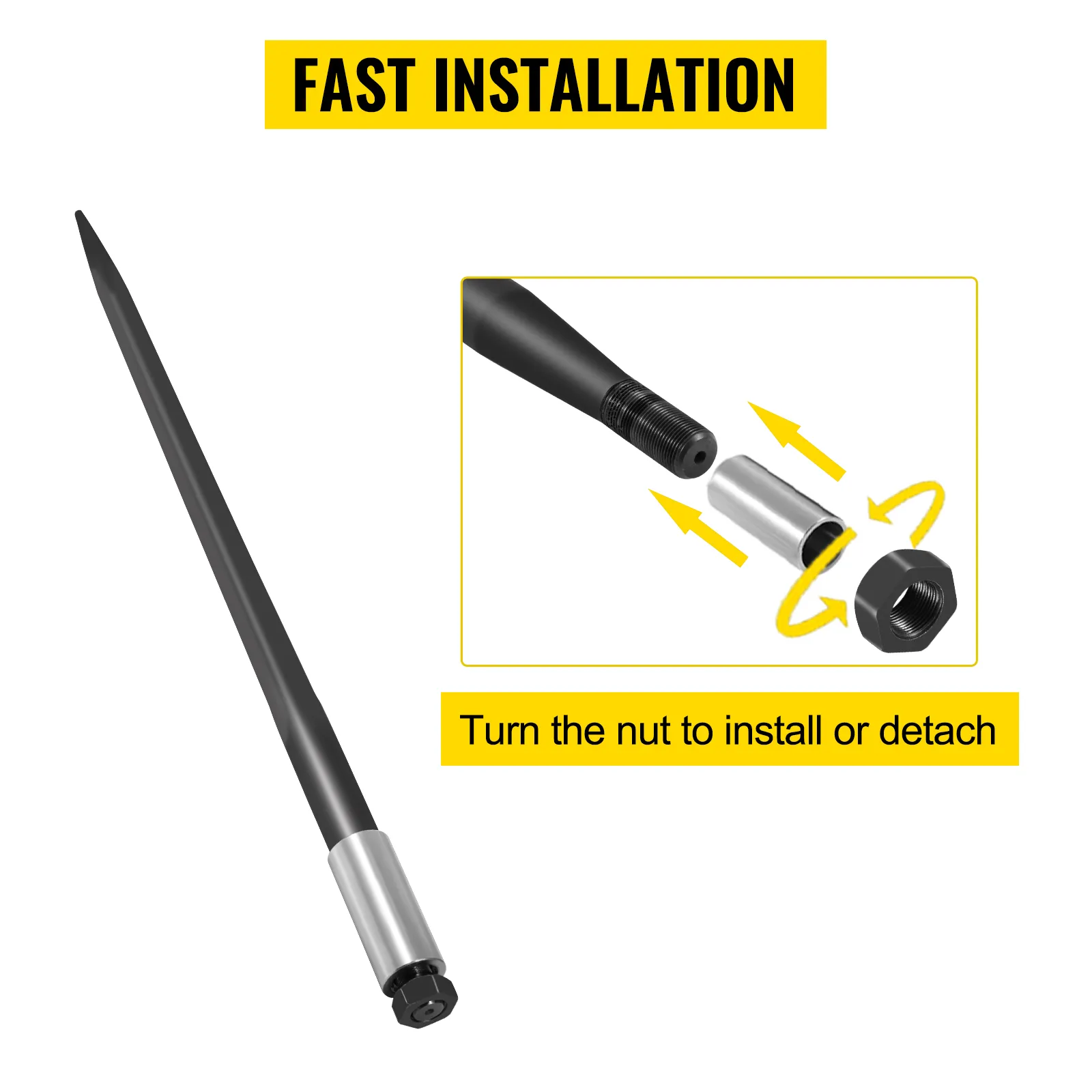 VEVOR hay spear with fast installation and simple nut turn attachment.