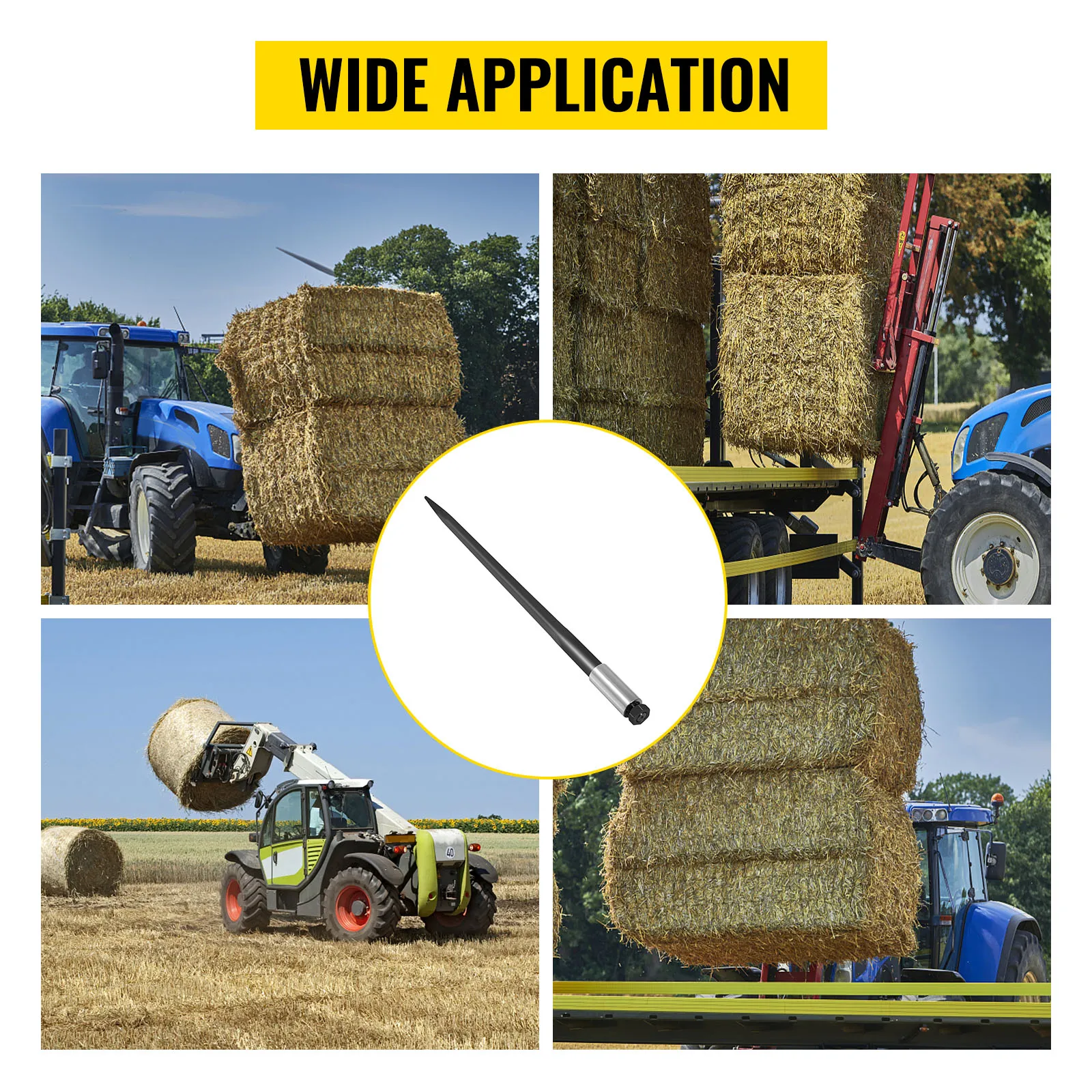 tractors and loader lifting hay bales with VEVOR hay spear in a field. wide application.