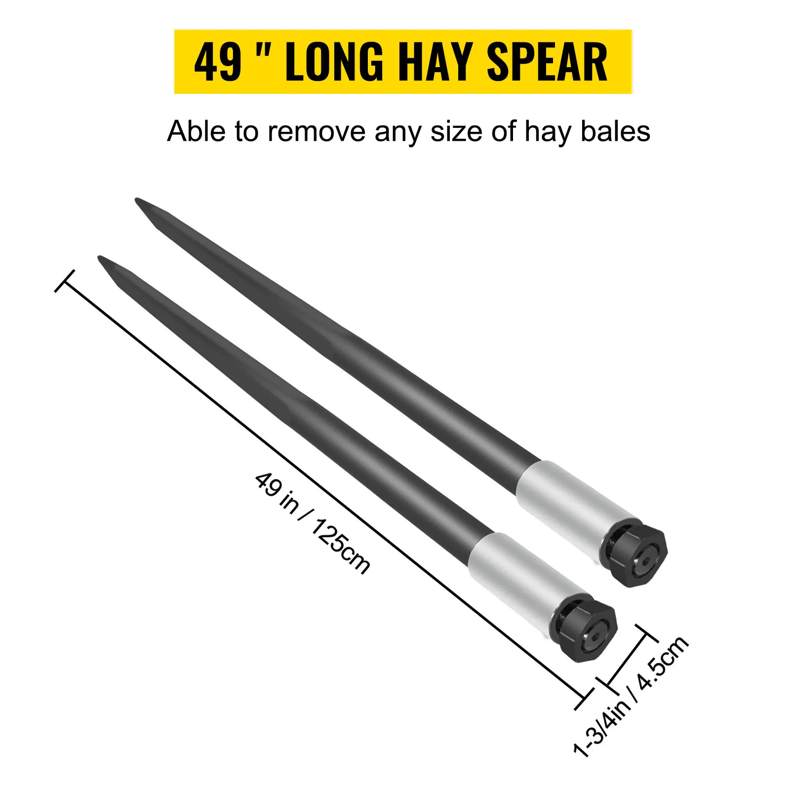 49" VEVOR hay bale spear with dimensions and black pointed tips.
