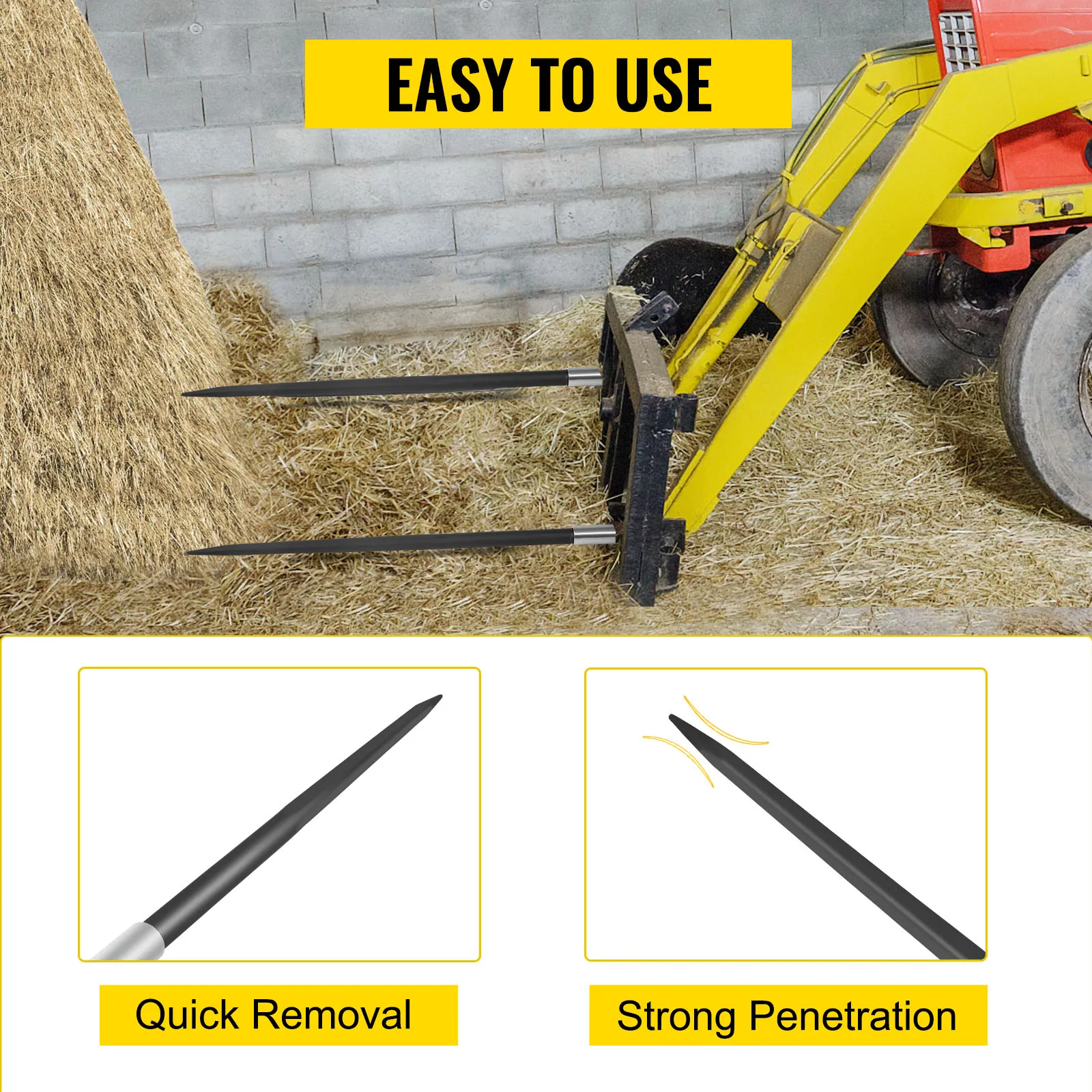 VEVOR hay bale spear mounted on a tractor for easy handling and quick removal of hay.