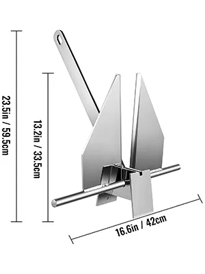 VEVOR boat anchor kit in silver, dimensions: 23.5in/59.5cm, 13.2in/33.5cm, and 16.6in/42cm.