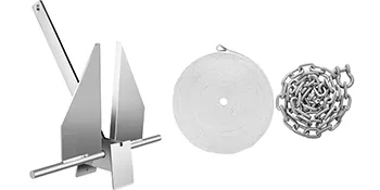 VEVOR boat anchor kit with galvanized anchor, white rope, and metal chain for marine use.