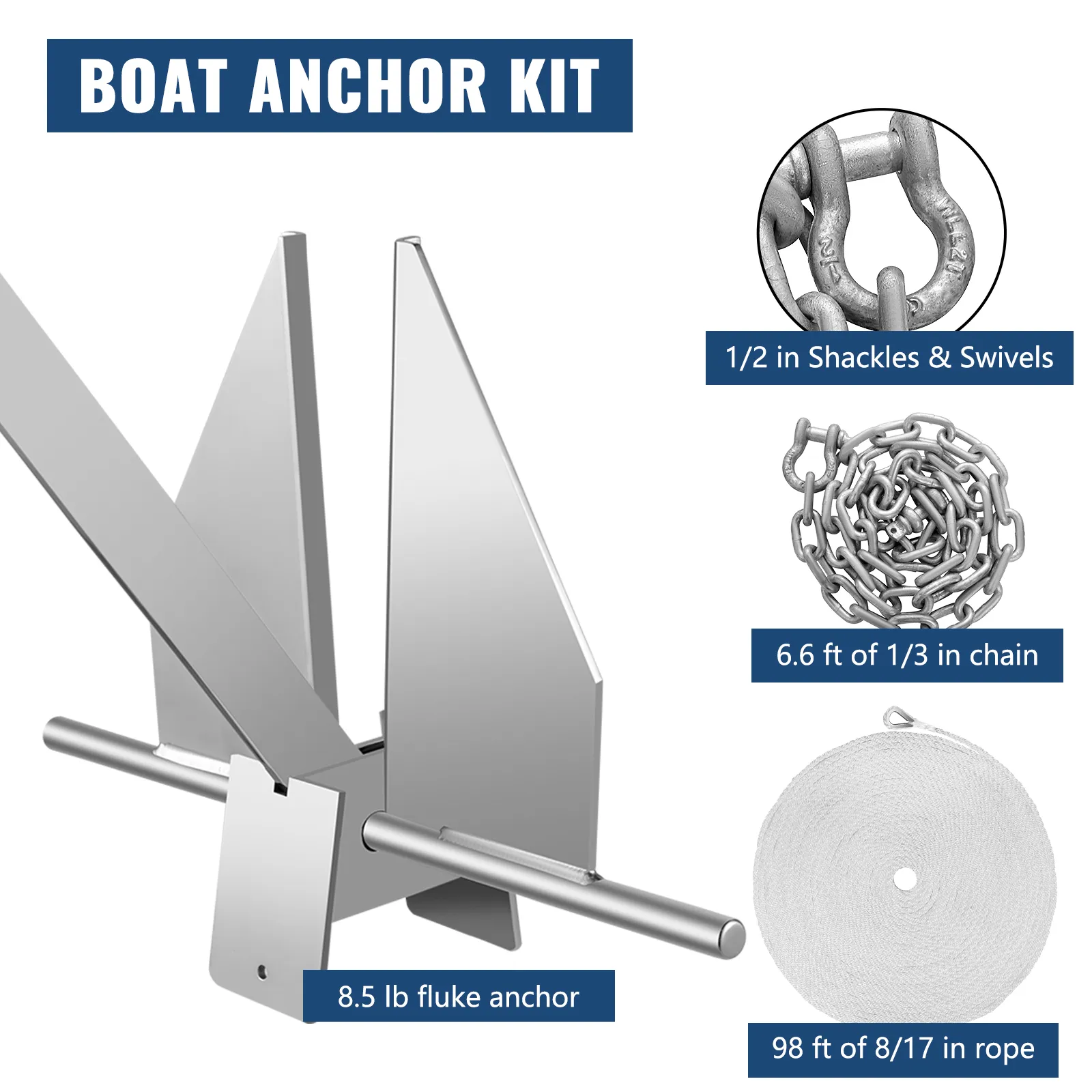 VEVOR boat anchor kit with 8.5 lb fluke anchor, 1/2 in shackles, 6.6 ft chain, and 98 ft rope.