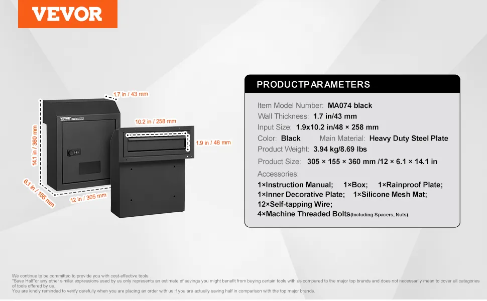 VEVOR door key drop box in black, 12×6.1×14.1 in with 1.7 mm thick steel, includes rainproof and decorative plate.