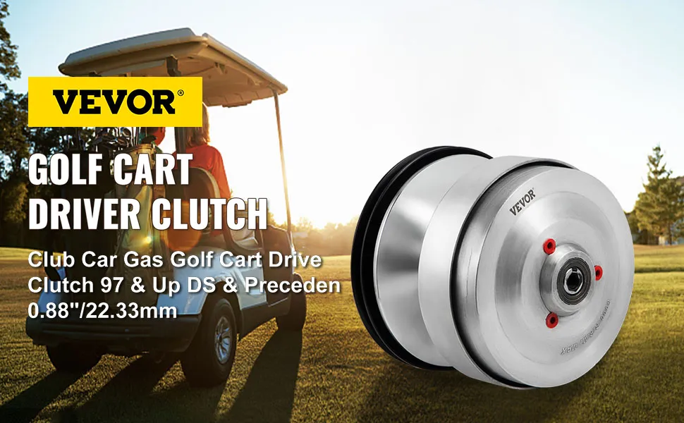 VEVOR golf cart drive clutch with a golf cart on a sunny course background.