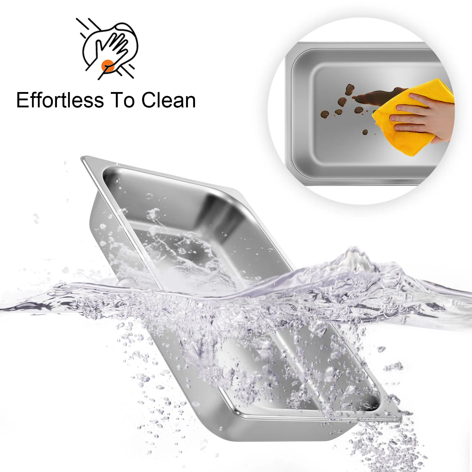 moeiteloos schoonmaken van VEVOR stoomtafelpannen door het afvegen met de hand en het opspatten van water.