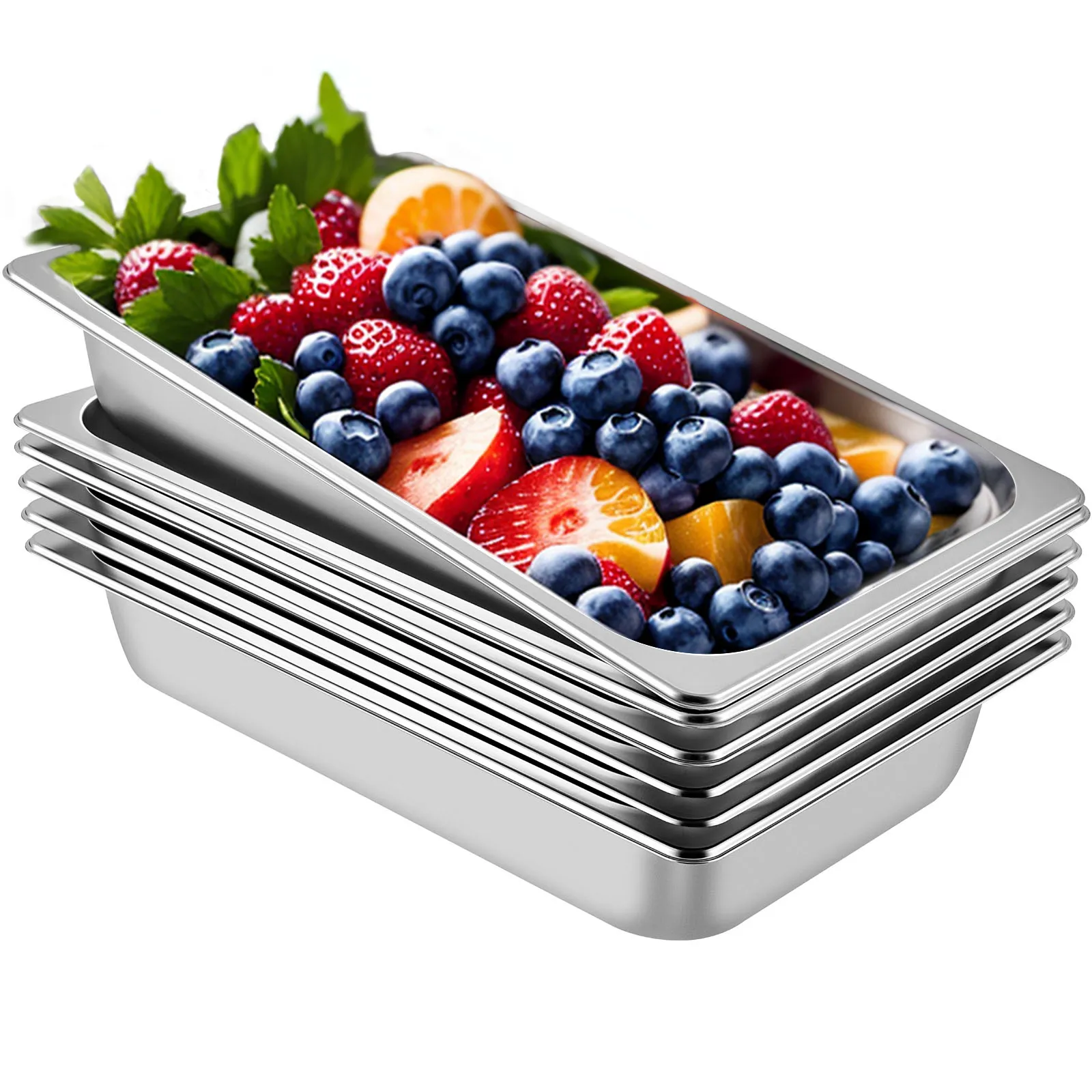 teglie per la cottura a vapore VEVOR impilate, piene di bacche fresche assortite e fette di frutta.