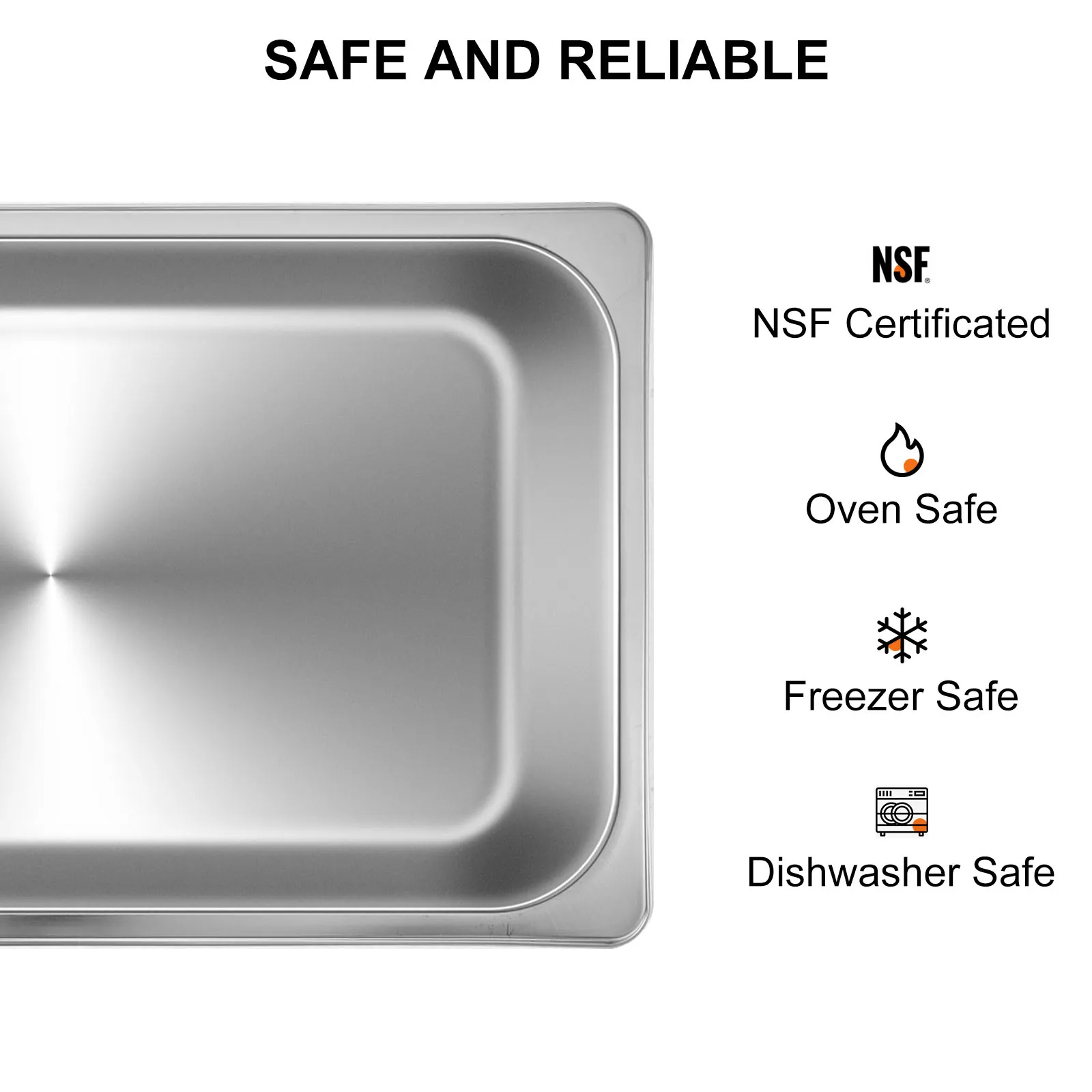 Pentole per cottura a vapore VEVOR, certificate NSF, adatte a forno, freezer e lavastoviglie.