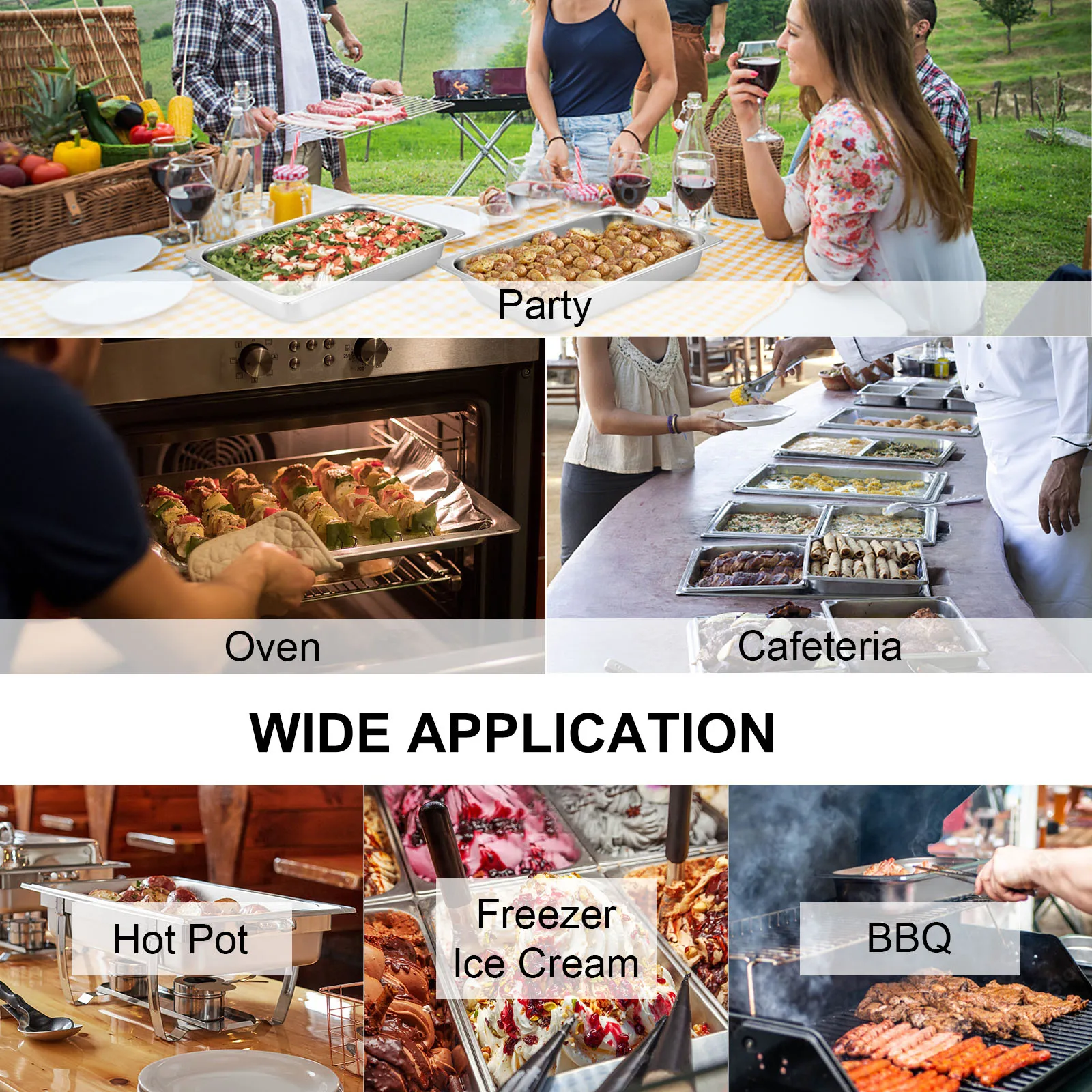Ampia applicazione delle teglie da tavolo a vapore VEVOR per feste, mense e barbecue.