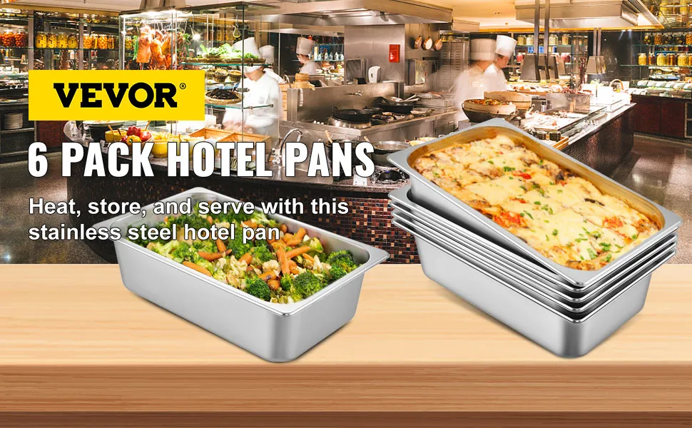 VEVOR steam table pans in a professional kitchen, filled with vegetables and lasagna.