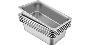 stack of VEVOR steam table pans, rectilinear stainless steel design.
