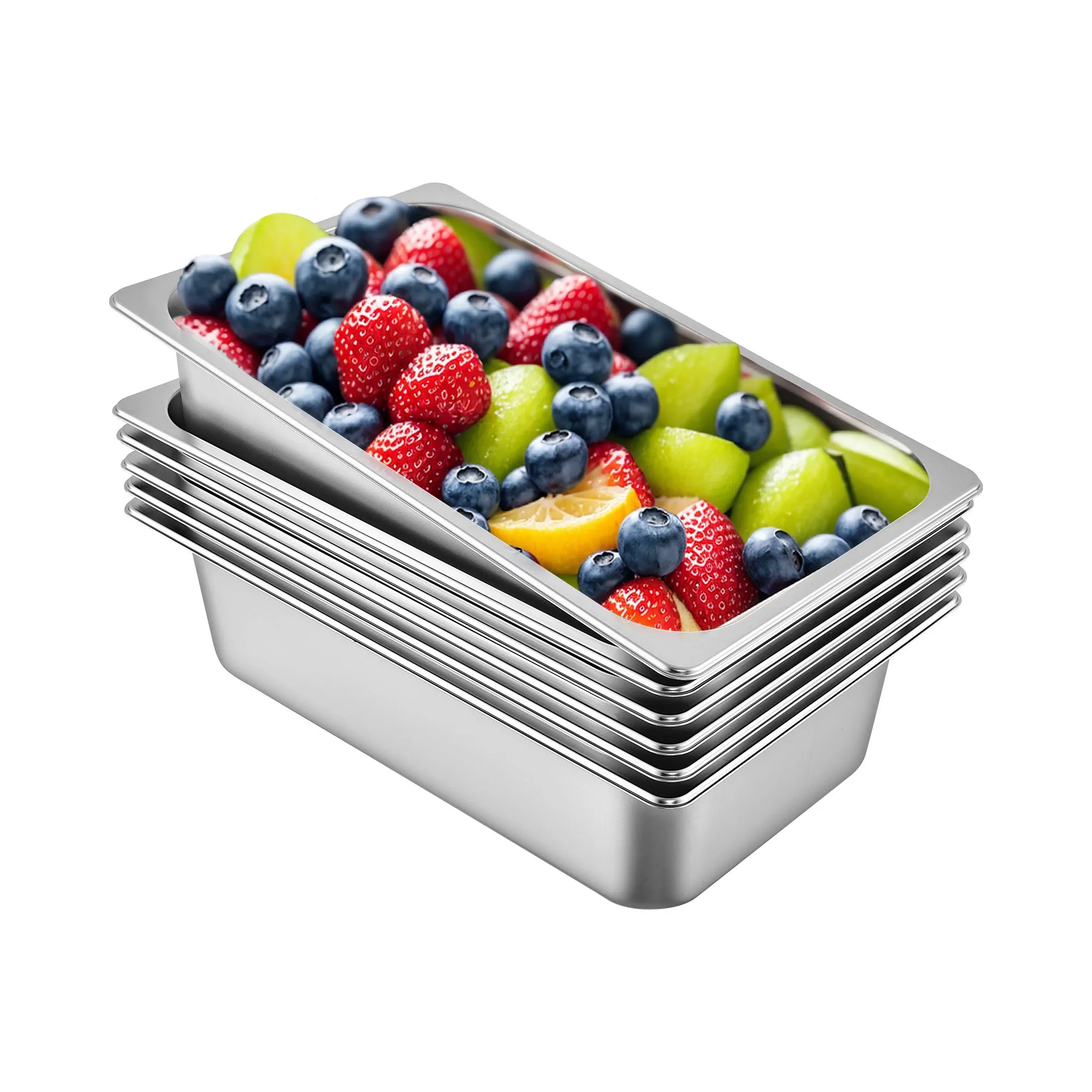 stack of VEVOR steam table pans filled with fresh mixed fruits