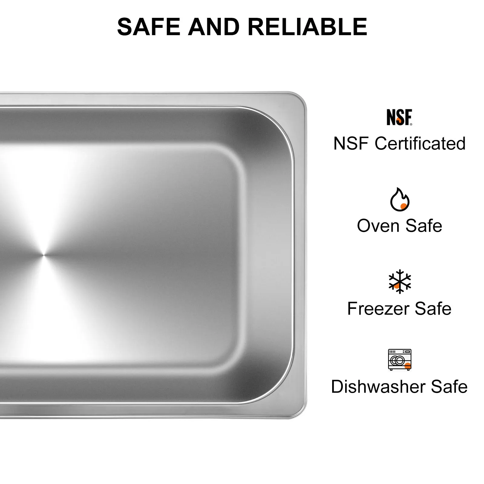 VEVOR steam table pans, nsf certificated, oven, freezer, and dishwasher safe.