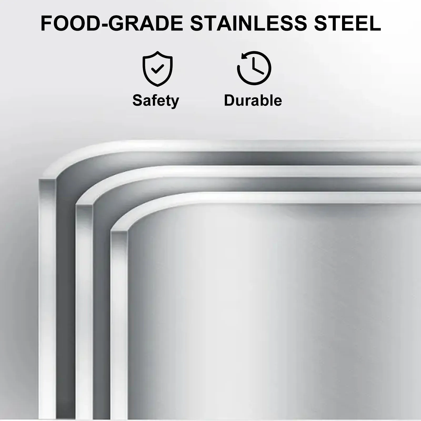 VEVOR steam table pans in food-grade stainless steel, highlighting safety and durability.