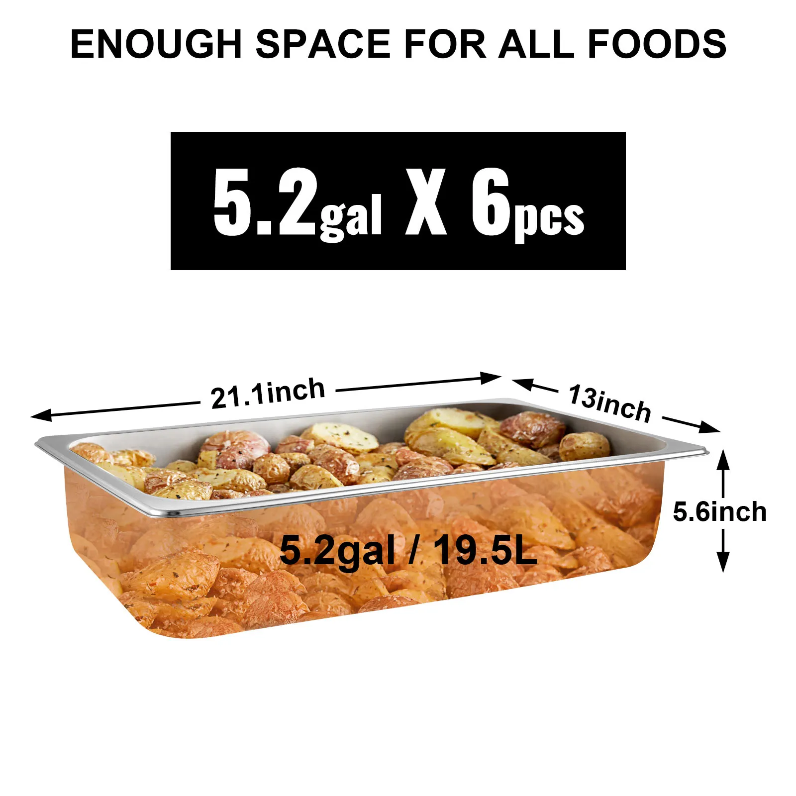 VEVOR steam table pans with 5.2-gallon capacity displaying dimensions and filled with food.