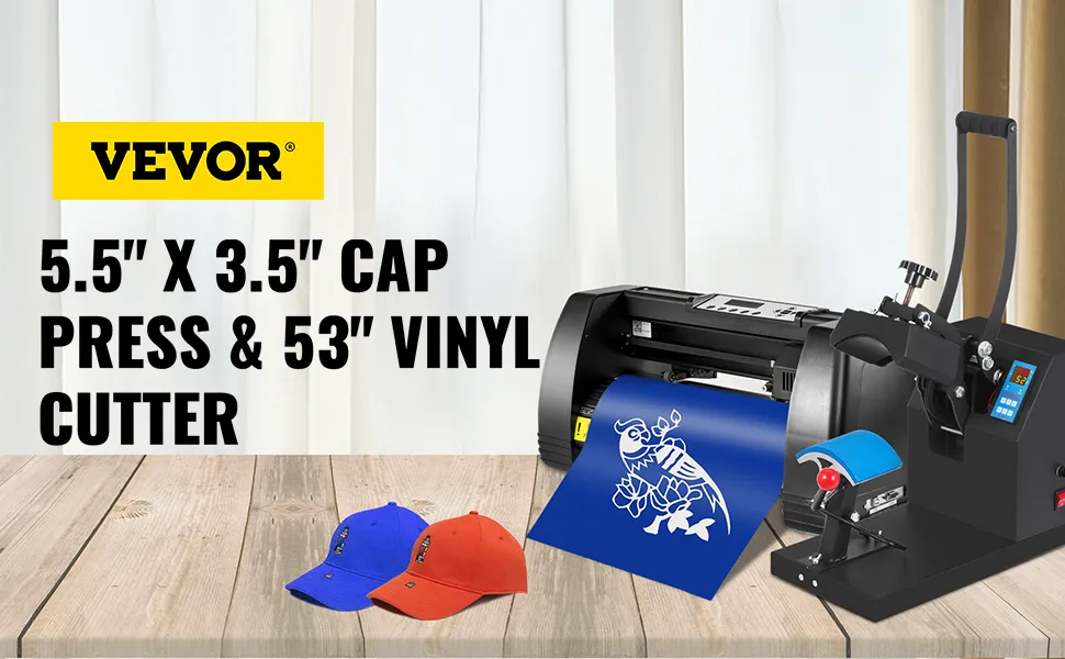 VEVOR heat press vinyl cutter combo, 5.5" x 3.5" cap press, 53" vinyl cutter, two caps.