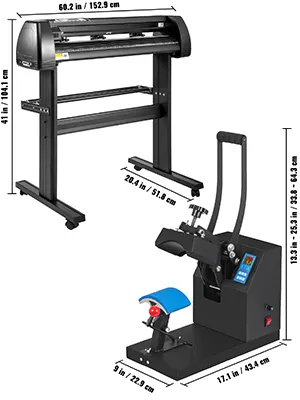 VEVOR heat press vinyl cutter combo with measurements in inches and cm.