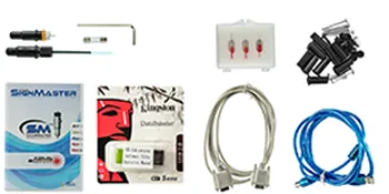 VEVOR heat press vinyl cutter combo accessories including cables, blades, and software.