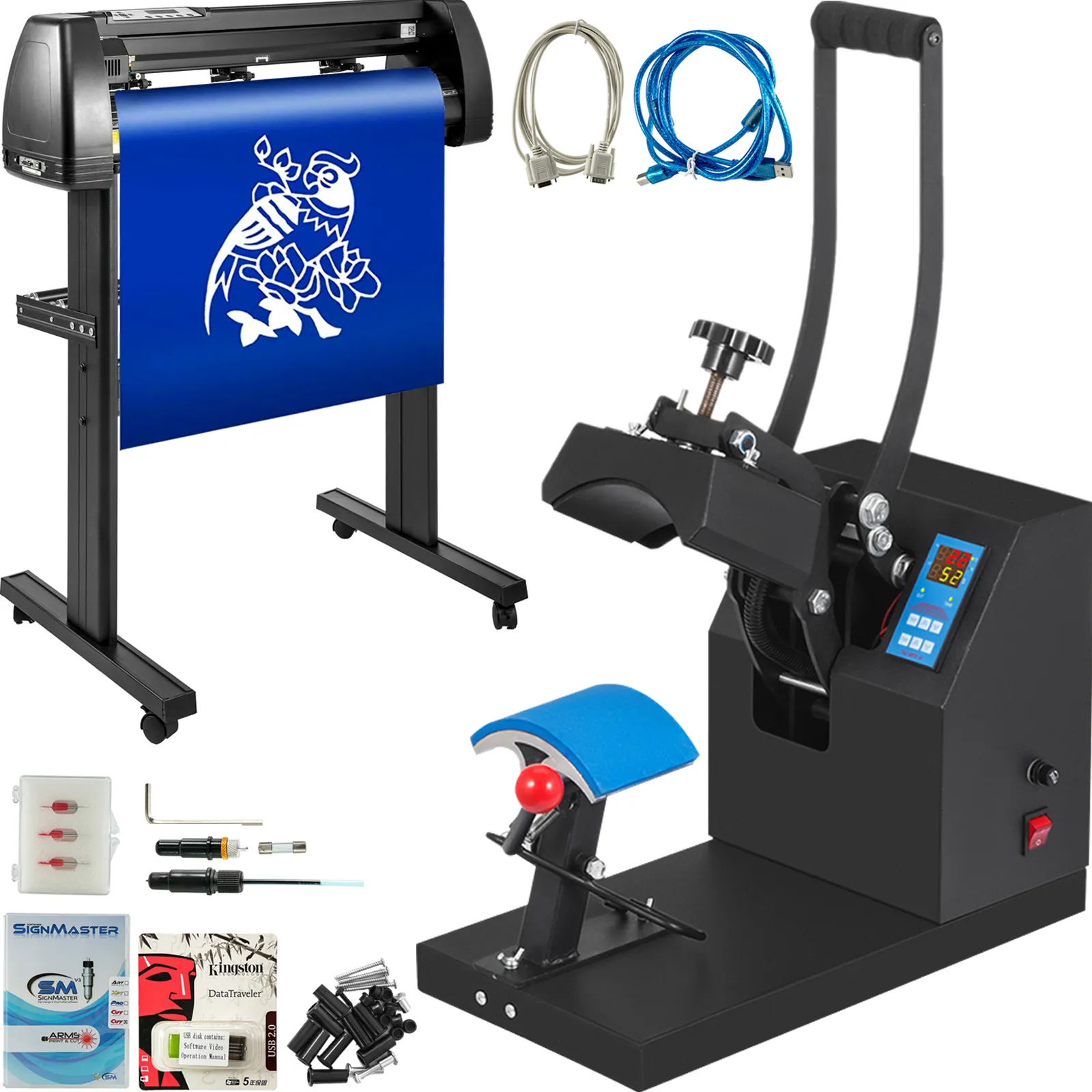 VEVOR heat press vinyl cutter combo with blue vinyl, cables, and accessories.