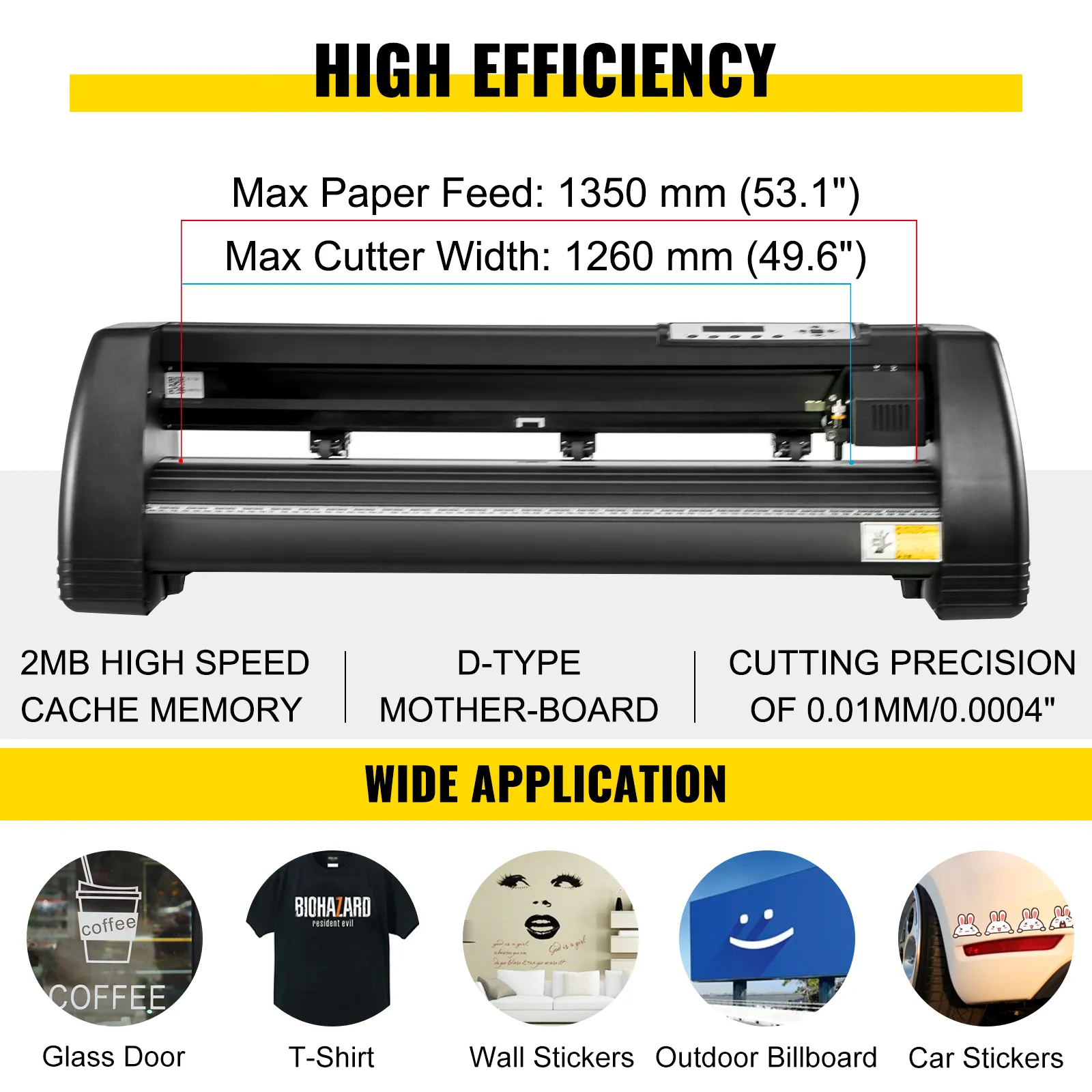VEVOR heat press vinyl cutter combo with 1350mm feed, 1260mm width, and multiple applications.