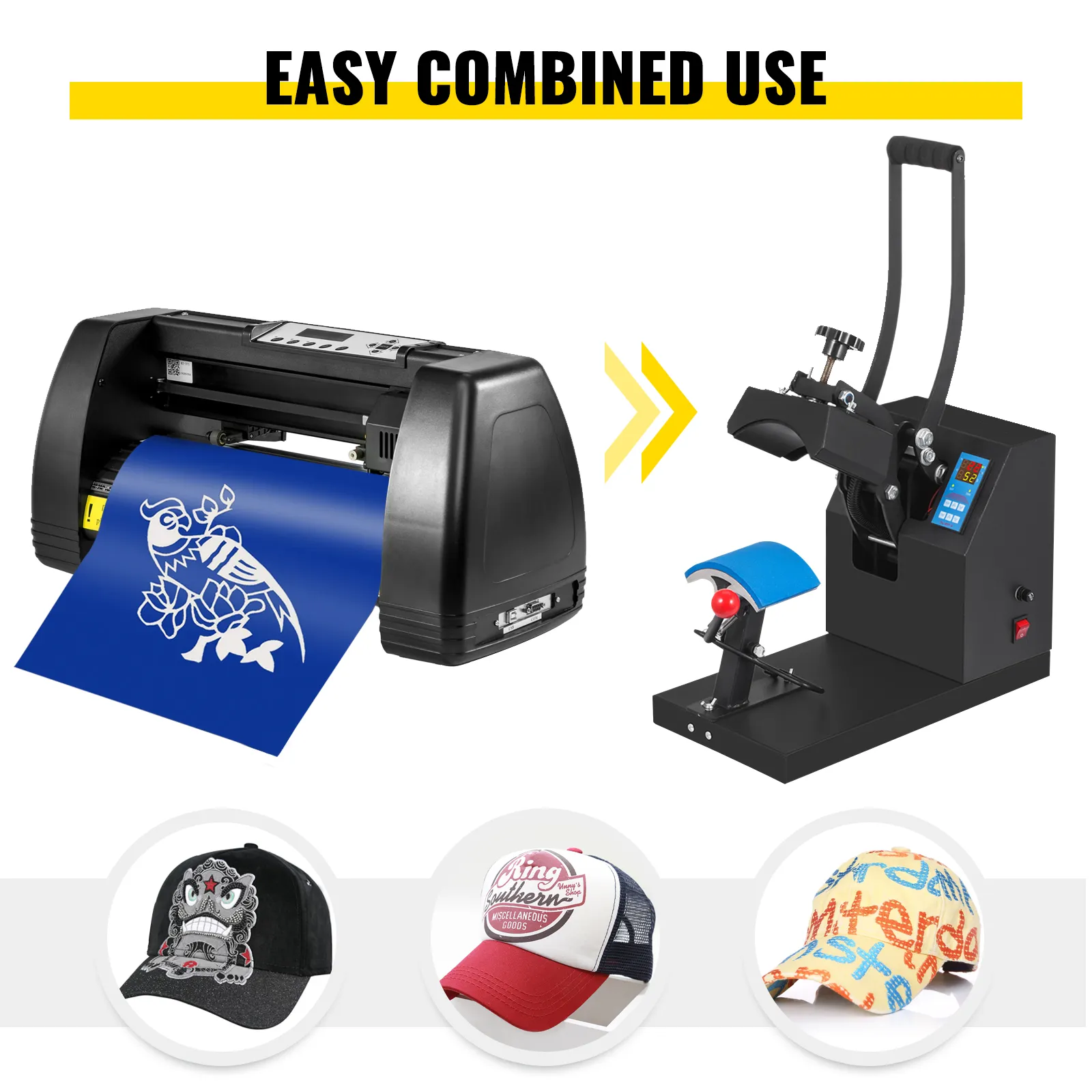 VEVOR heat press vinyl cutter combo with caps showcasing combined use.