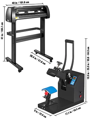 VEVOR heat press 5.5"x3.5" and vinyl cutter with dimensions displayed.