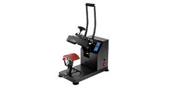 VEVOR-Heißpresse für Hüte, schwarze Maschine mit gebogener Basis und Bedienfeld.
