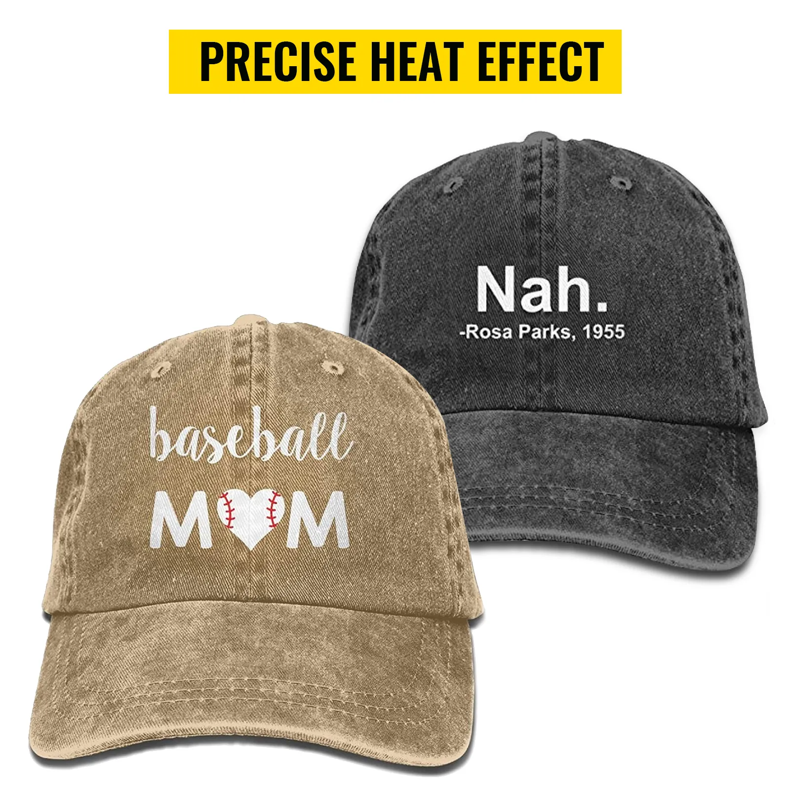 Zwei individuelle Mützen: „Baseball Mom“ in Beige und „Nah.“ in Schwarz. Text: Präziser Wärmeeffekt.