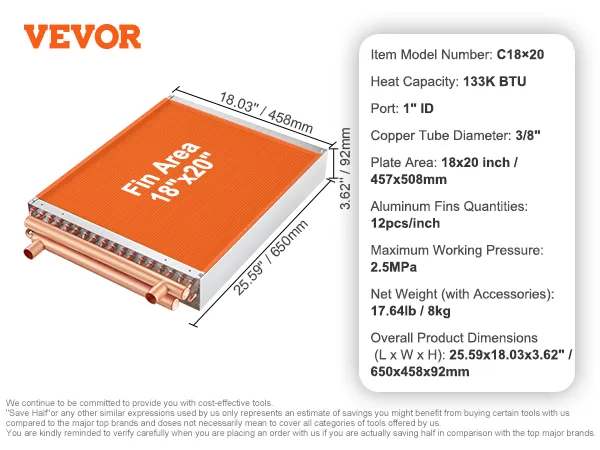 VEVOR heat exchanger features copper tubes, 18"x20" fin area, 133k btu, and measures 650x458x92mm.