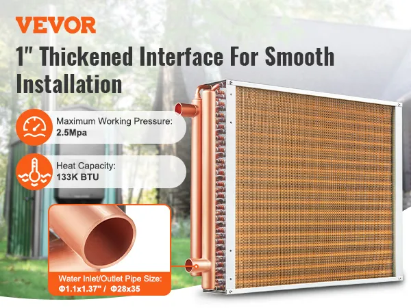 VEVOR heat exchanger with 1-inch thickened interface, 2.5 mpa, 133k btu, water inlet/outlet pipe size.