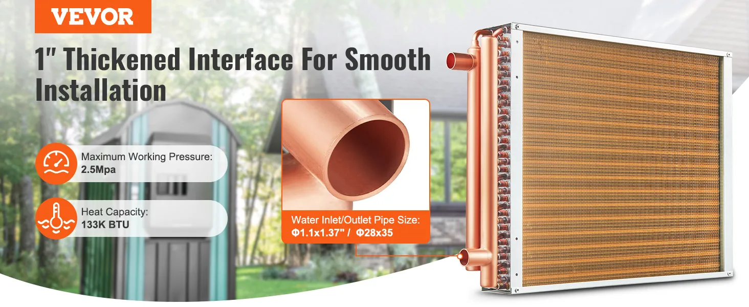 VEVOR heat exchanger with 1-inch thickened interface, 2.5 mpa, 133k btu, water inlet/outlet pipe size.
