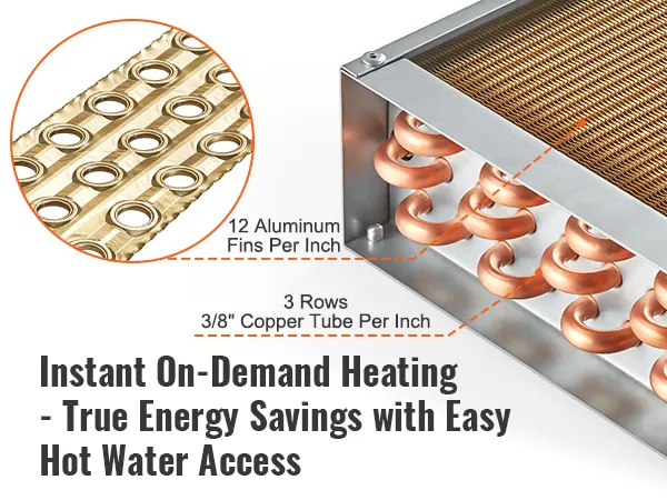 VEVOR heat exchanger with 12 aluminum fins per inch and 3/8" copper tubes, promoting energy savings.