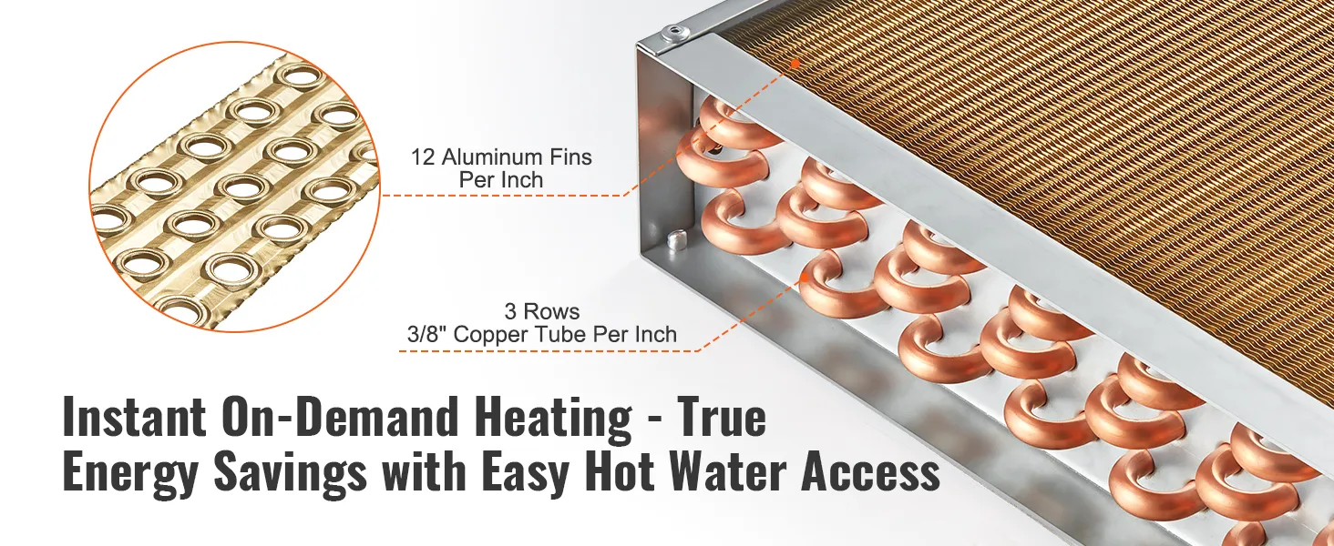 VEVOR heat exchanger with 12 aluminum fins per inch and 3/8" copper tubes, promoting energy savings.