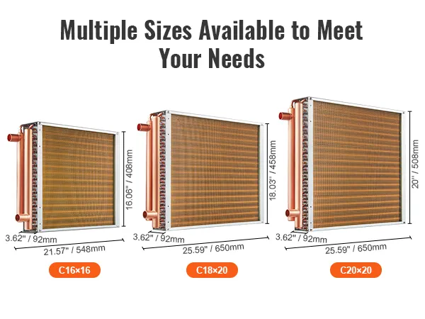 VEVOR heat exchanger sizes: 16×16, 18×20, 20×20 inches, showing dimensions and copper construction.