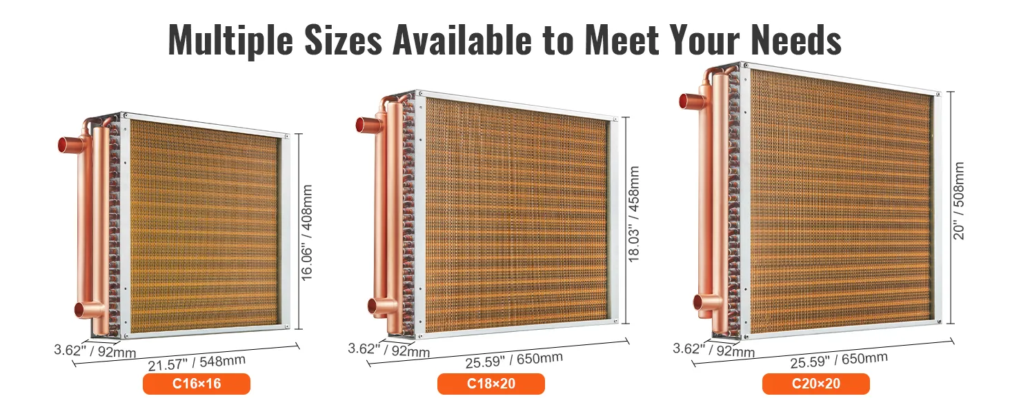 VEVOR heat exchanger sizes: 16×16, 18×20, 20×20 inches, showing dimensions and copper construction.