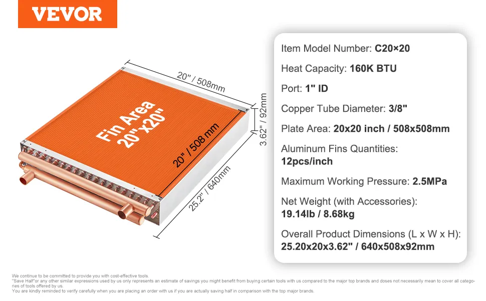 VEVOR heat exchanger dimensions, specs: 160k btu, 20"x20" plate, 3/8" copper tube, 2.5mpa pressure.